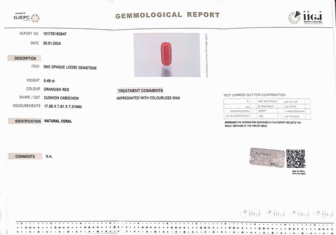 9.49/Carat Natural Cylindrical Red Coral (1800)