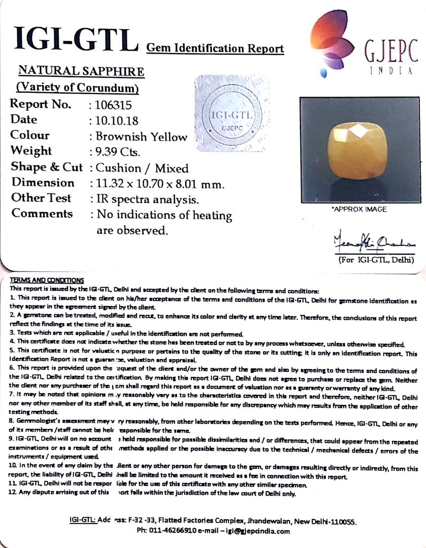 10.43 Ratti Natural Yellow Sapphire With Govt Lab Certificate-(1221)