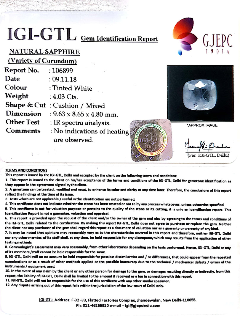4.48 Ratti Natural White Sapphire with Govt Lab Certificate - (6771)