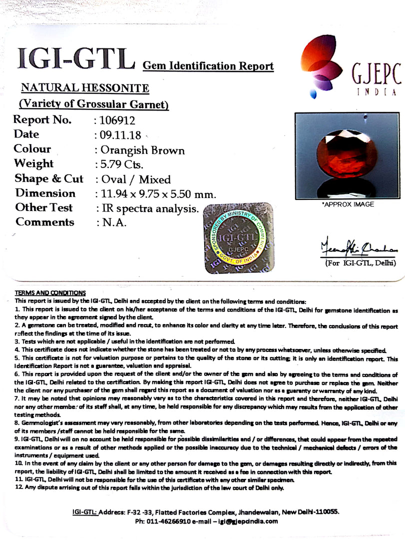 6.43 Ratti  Natural Hessonite with Govt. Lab Certificate-(1221)