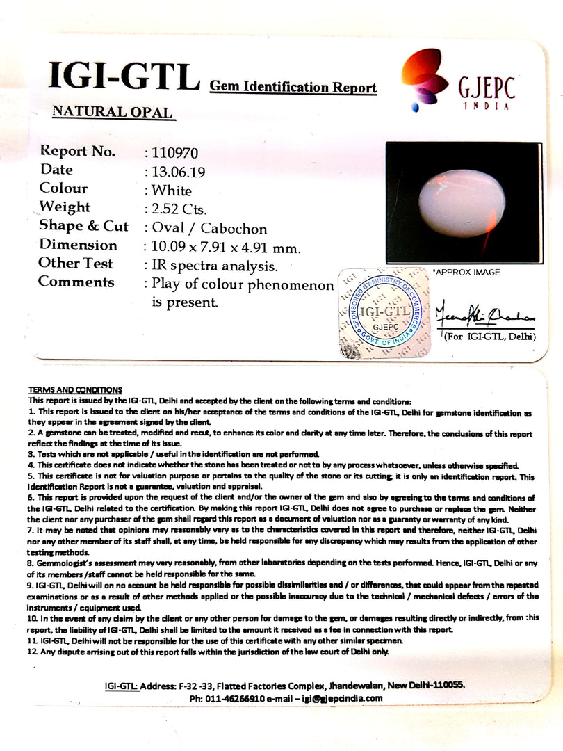 2.52/CT Natural Opal with Govt. Lab Certificate (4551)