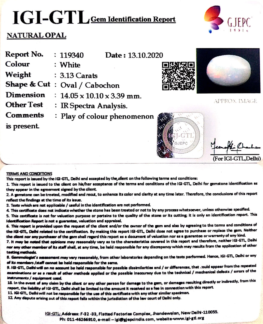 3.13/CT Natural Opal with Govt. Lab Certificate (4551)