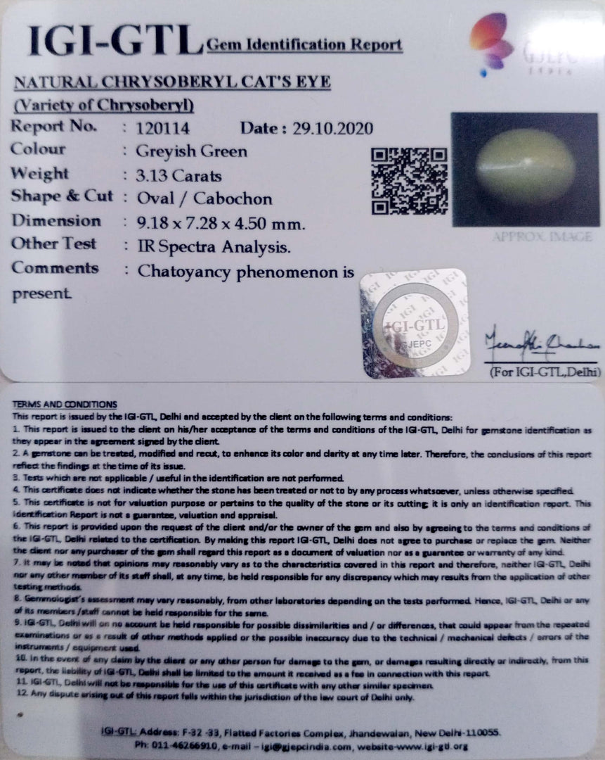 3.13/CT Natural Chrysoberyl Cat's Eye with Govt. Lab Certificate (6771)