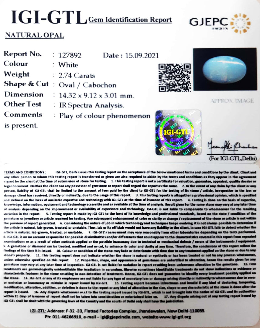 2.74/CT Natural Opal with Govt. Lab Certificate (4551)