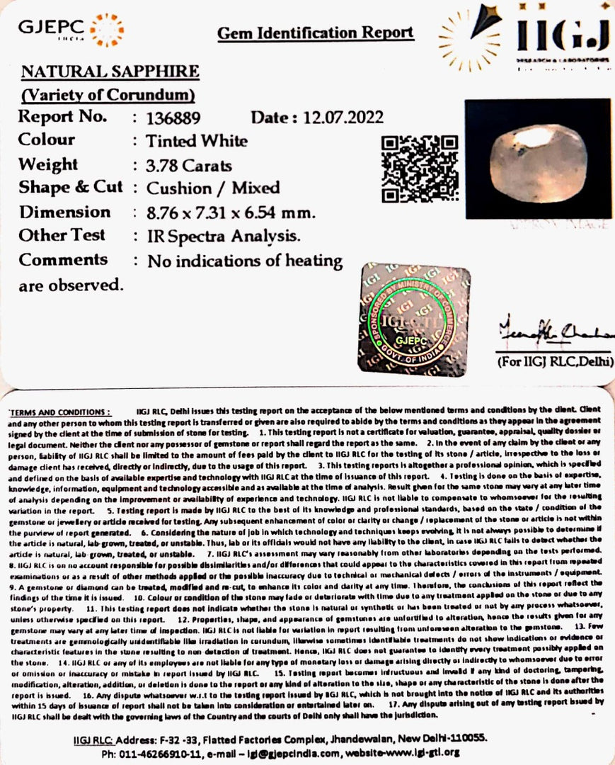 3.78/CT Natural White Sapphire with Govt Lab Certificate-6771