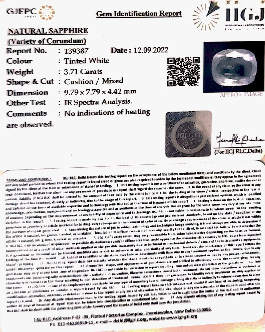 3.71 Carat Natural White Sapphire with Govt Lab Certificate (16650)