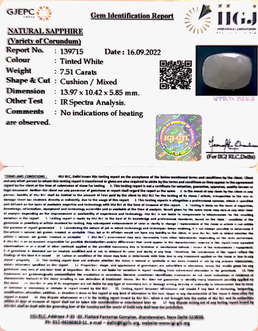 7.51 Carat Natural White Sapphire with Govt Lab Certificate (4551)