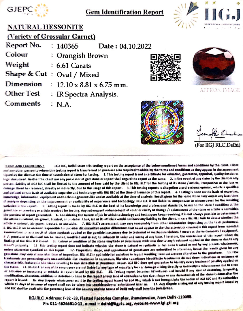 6.61/CT Natural Hessonite with Govt. Lab Certificate (1221)