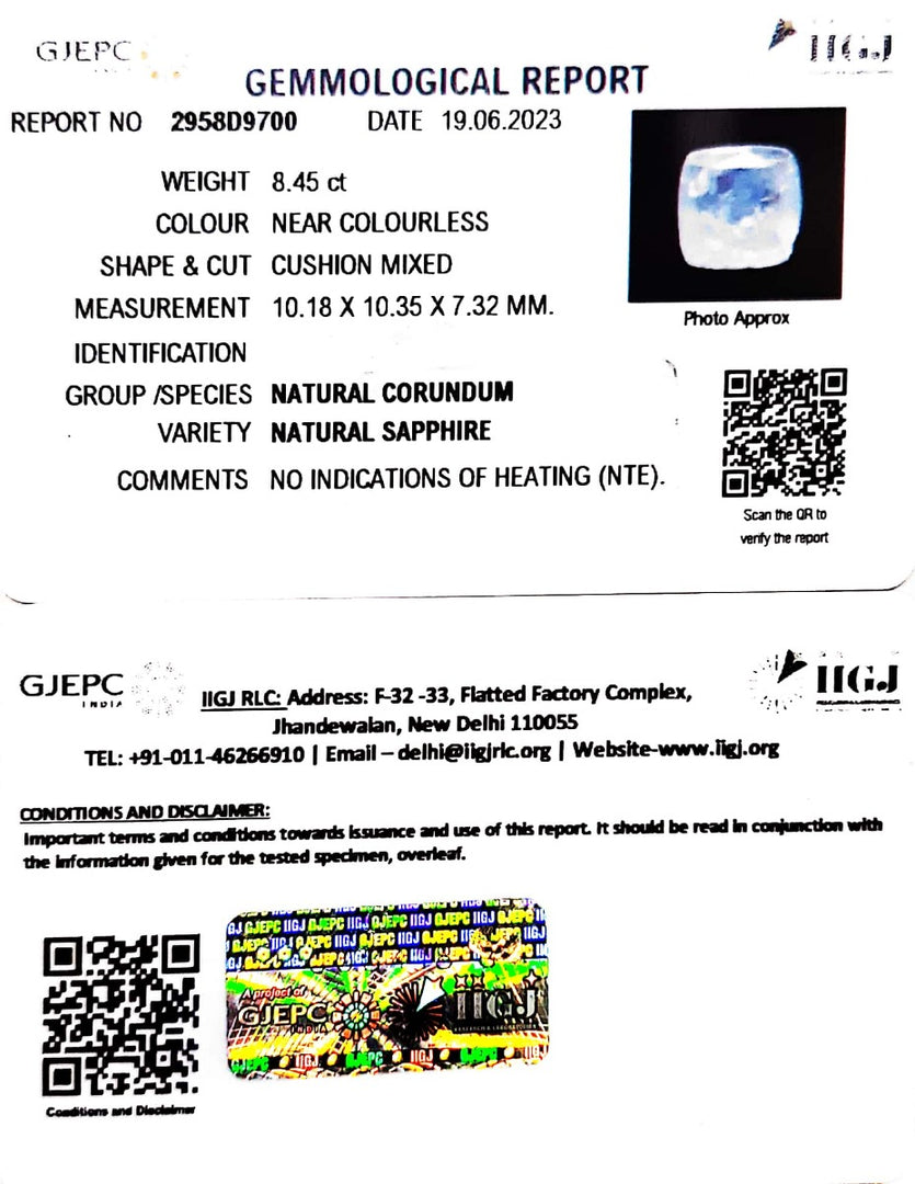 8.45/CT Natural White Sapphire with Govt Lab Certificate (6771)