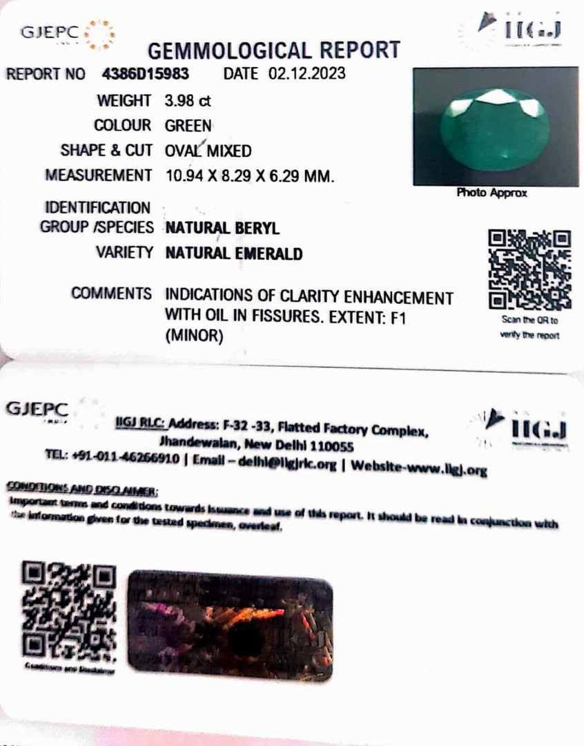 3.98/CT Natural Panna Stone with Govt. Lab Certificate  (23310)