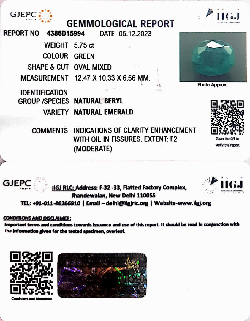 5.75/CT Natural Panna Stone with Govt. Lab Certificate  (23310)