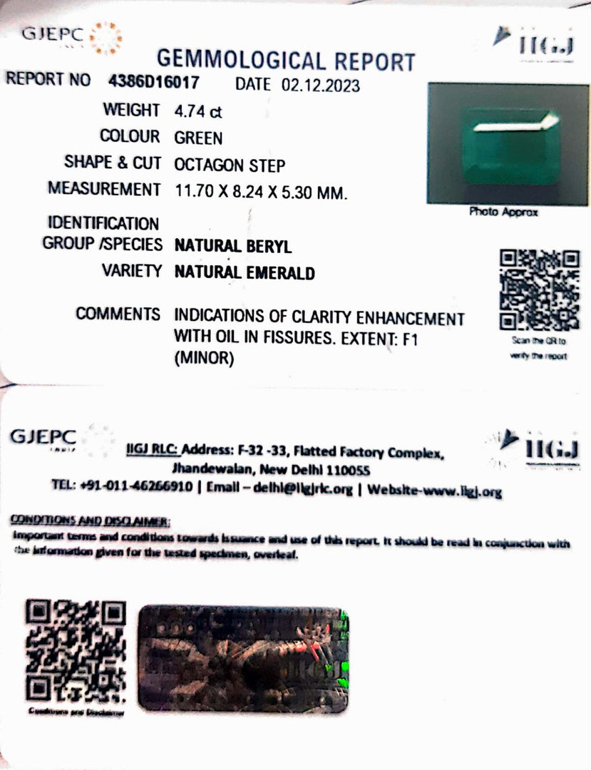 4.74/CT Natural Panna Stone with Govt. Lab Certificate  (16650)