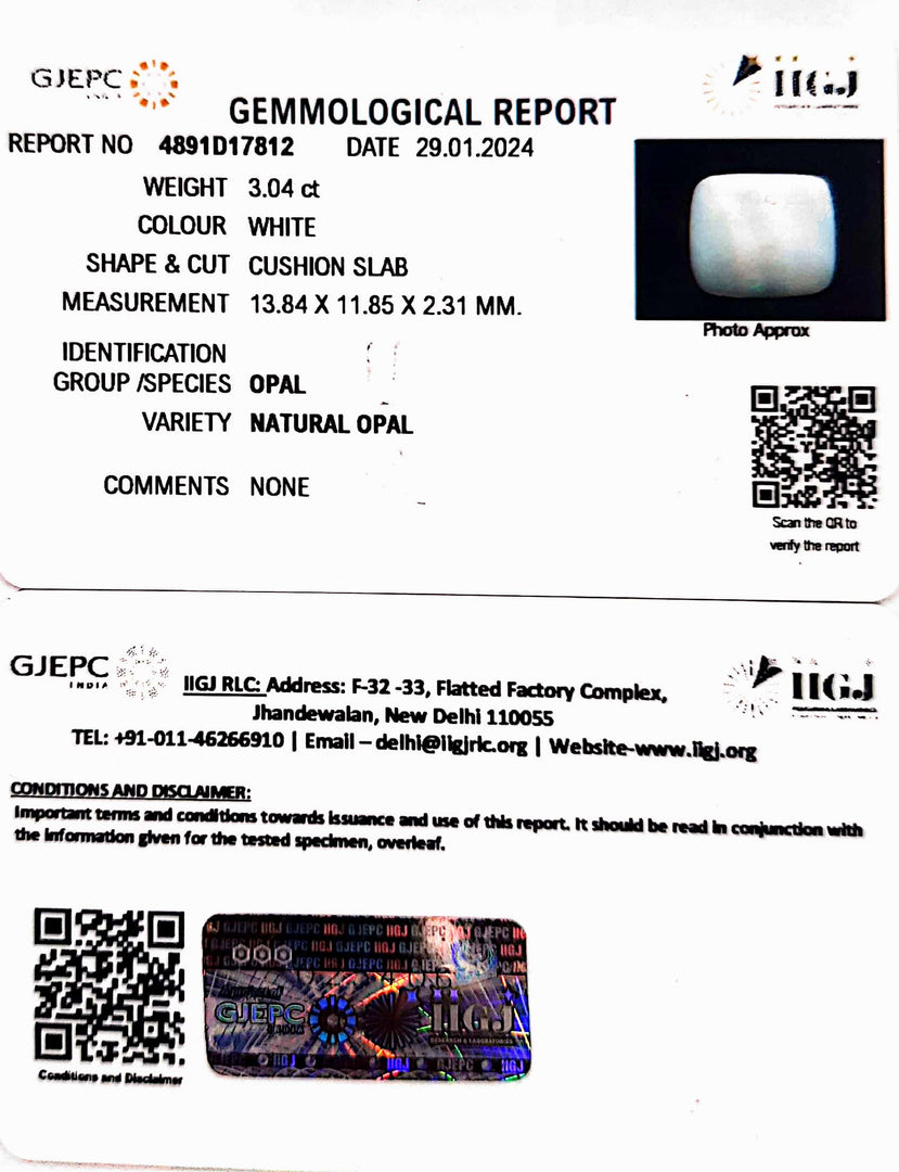 3.04/CT Natural Opal with Govt. Lab Certificate (4551)