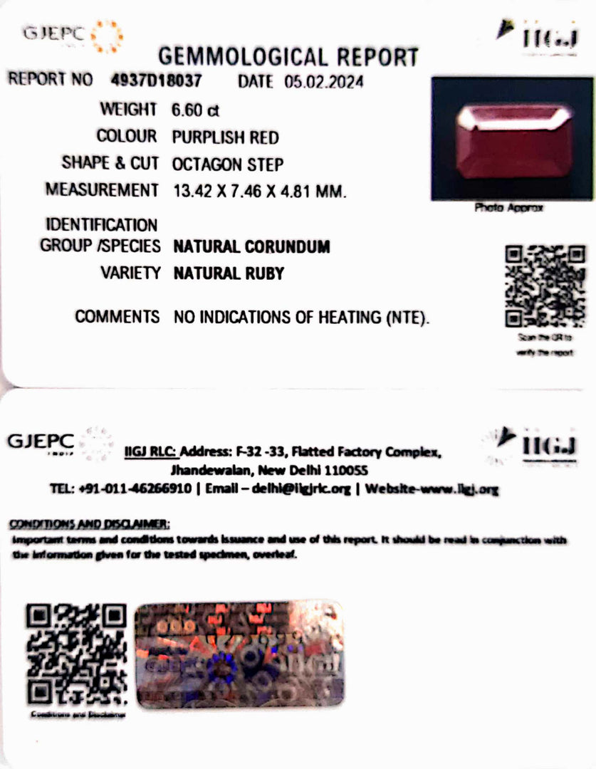 6.60/CT Natural Ruby with Govt. Lab Certificate