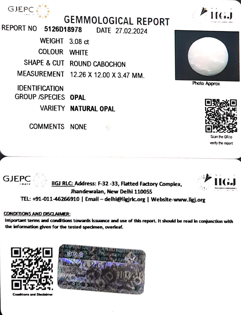 3.08/CT Natural Opal with Govt. Lab Certificate (4551)