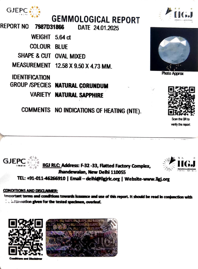 5.63/CT Natural Blue Sapphire With Govt Lab Certificate