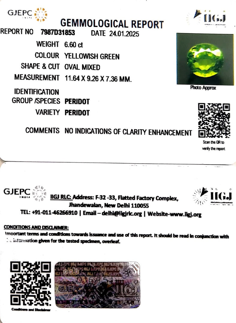 6.60/CT Natural Peridot With Govt. Lab Certificate-5661