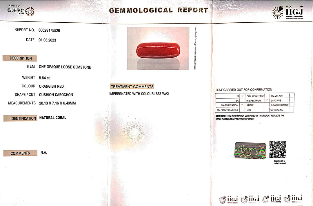 8.64/Carat Natural Cylindrical Red Coral (1800)