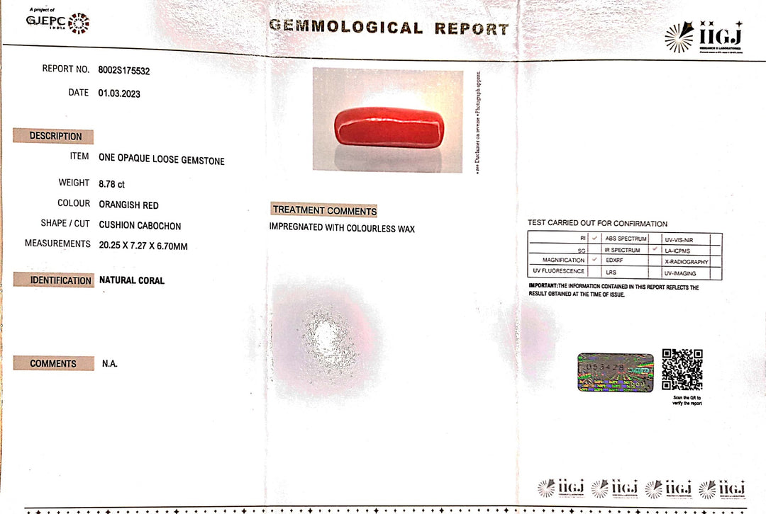 8.78/Carat Natural Cylindrical Red Coral (1800)