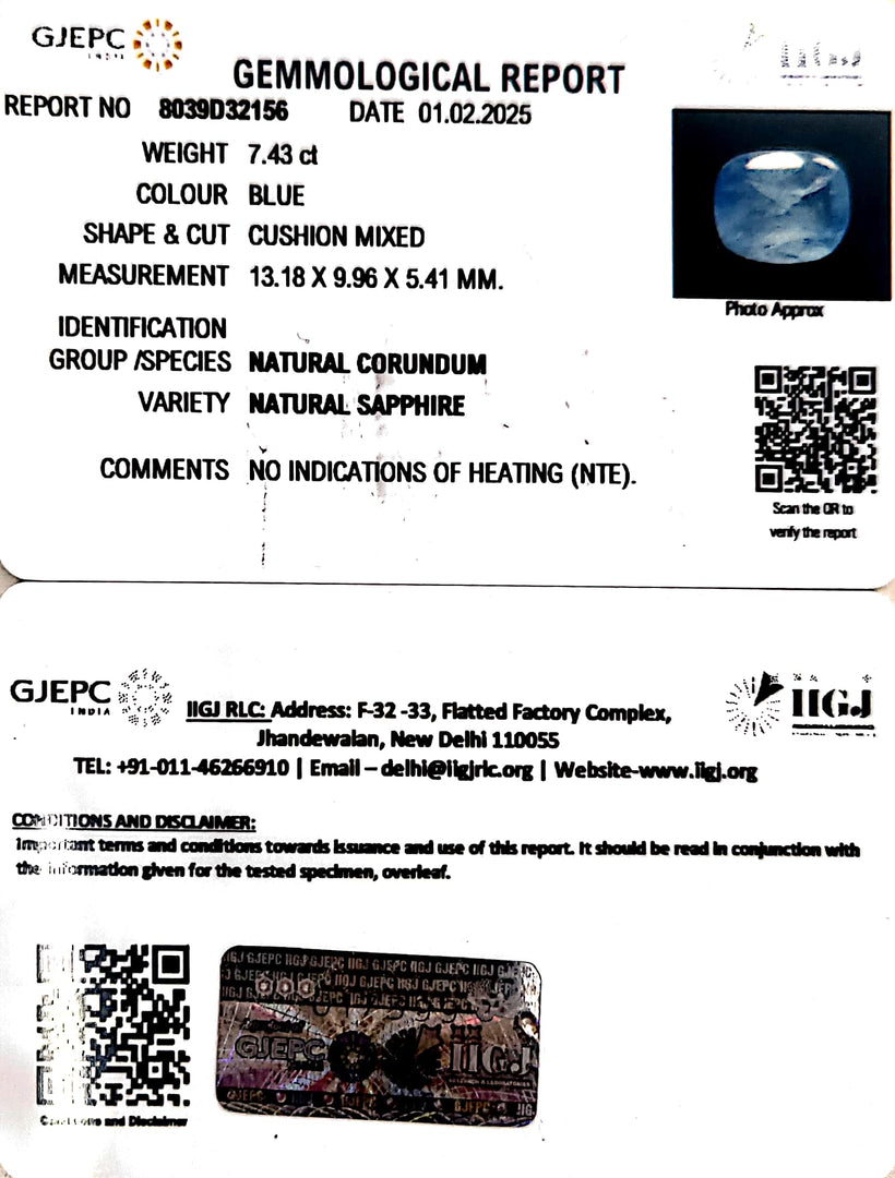 7.43/CT Natural Blue Sapphire With Govt Lab Certificate