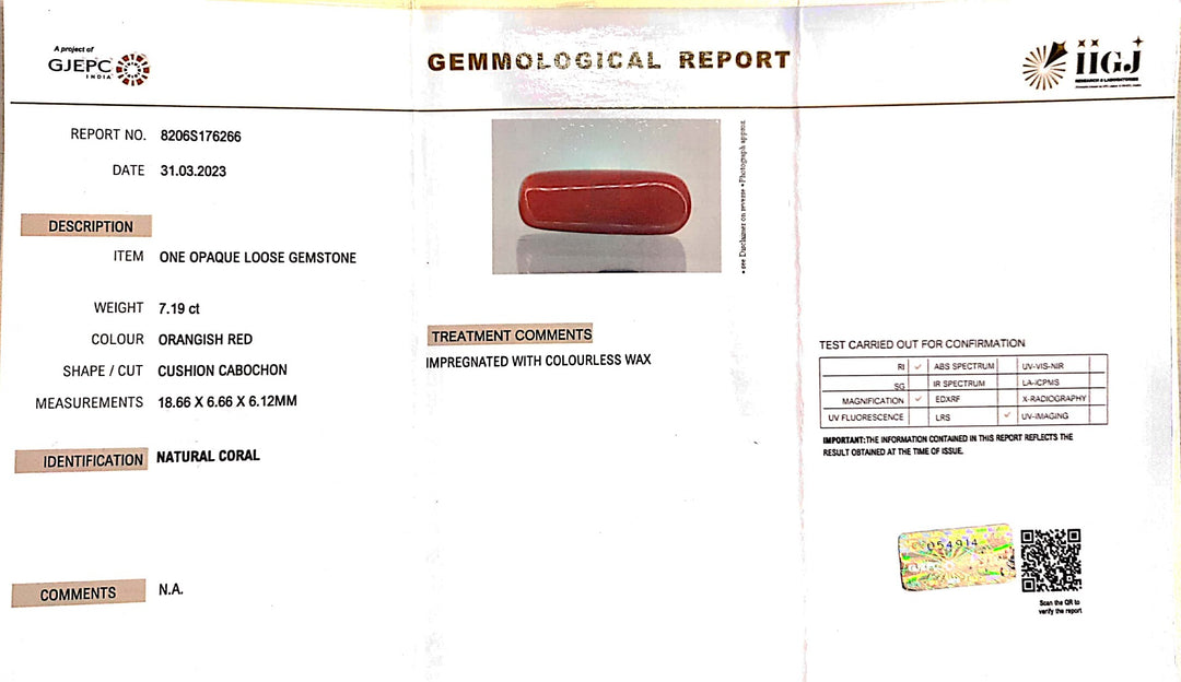 7.19/Carat Natural Cylindrical Red Coral (1800)