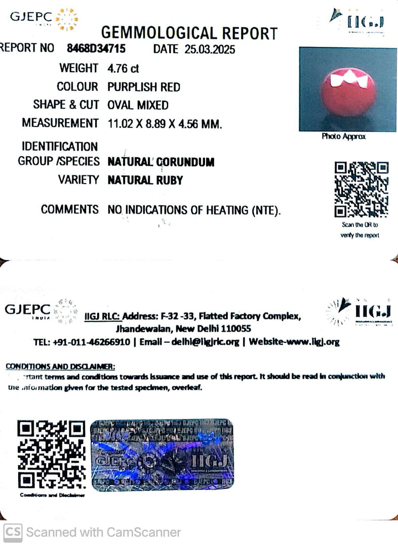 4.76/CT Natural Ruby with Govt. Lab Certificate