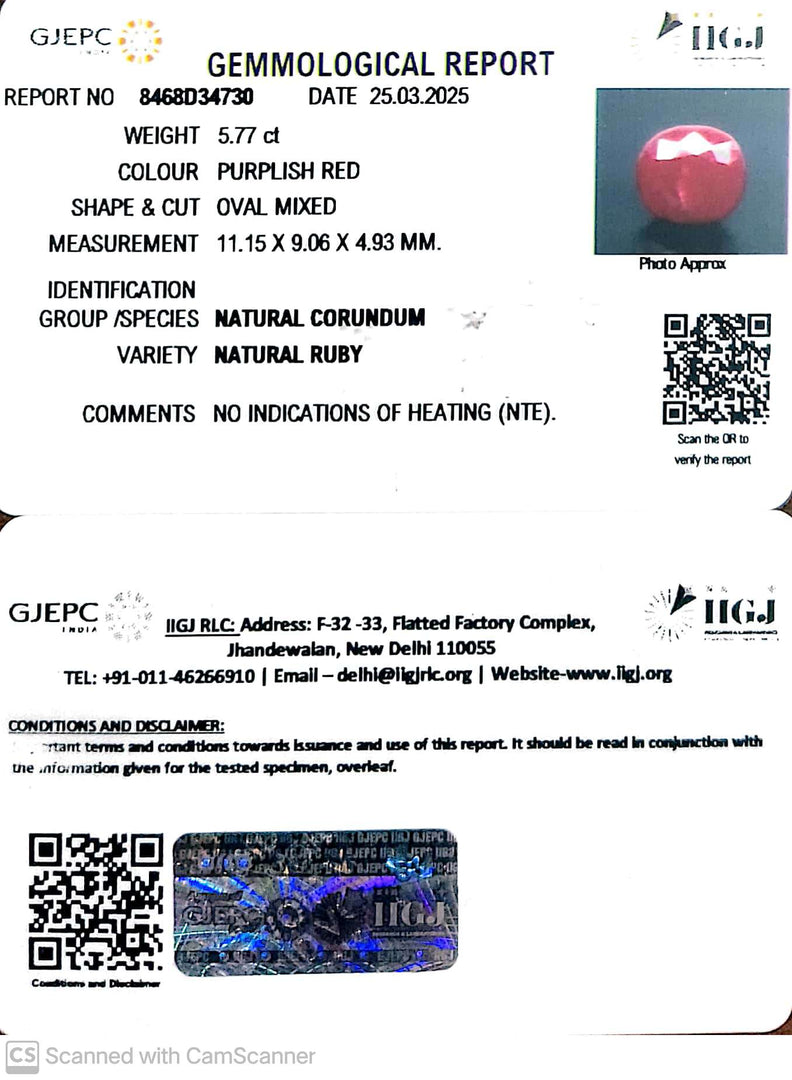 5.77/CT Natural Ruby with Govt. Lab Certificate