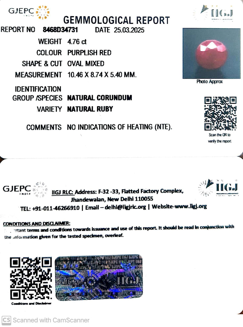 4.76/CT Natural Ruby with Govt. Lab Certificate