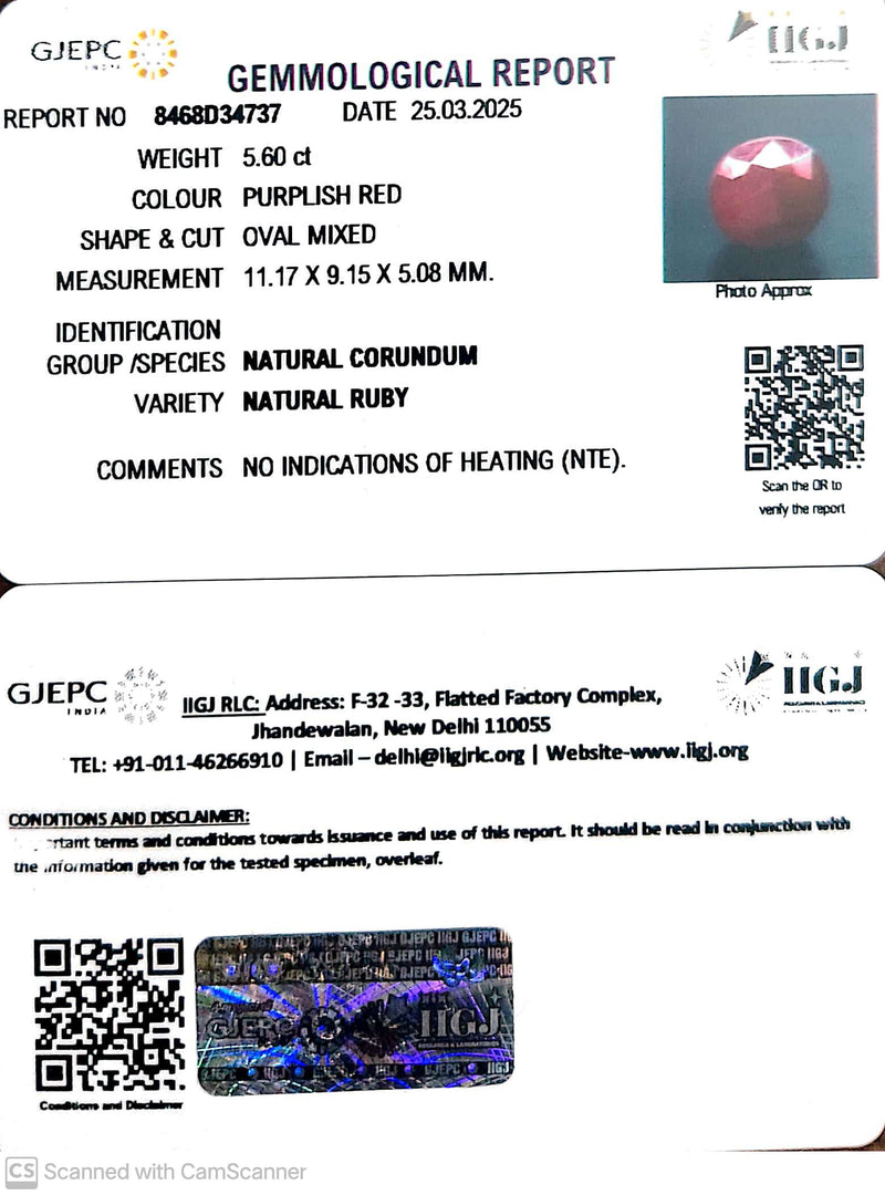 5.60/CT Natural Ruby with Govt. Lab Certificate
