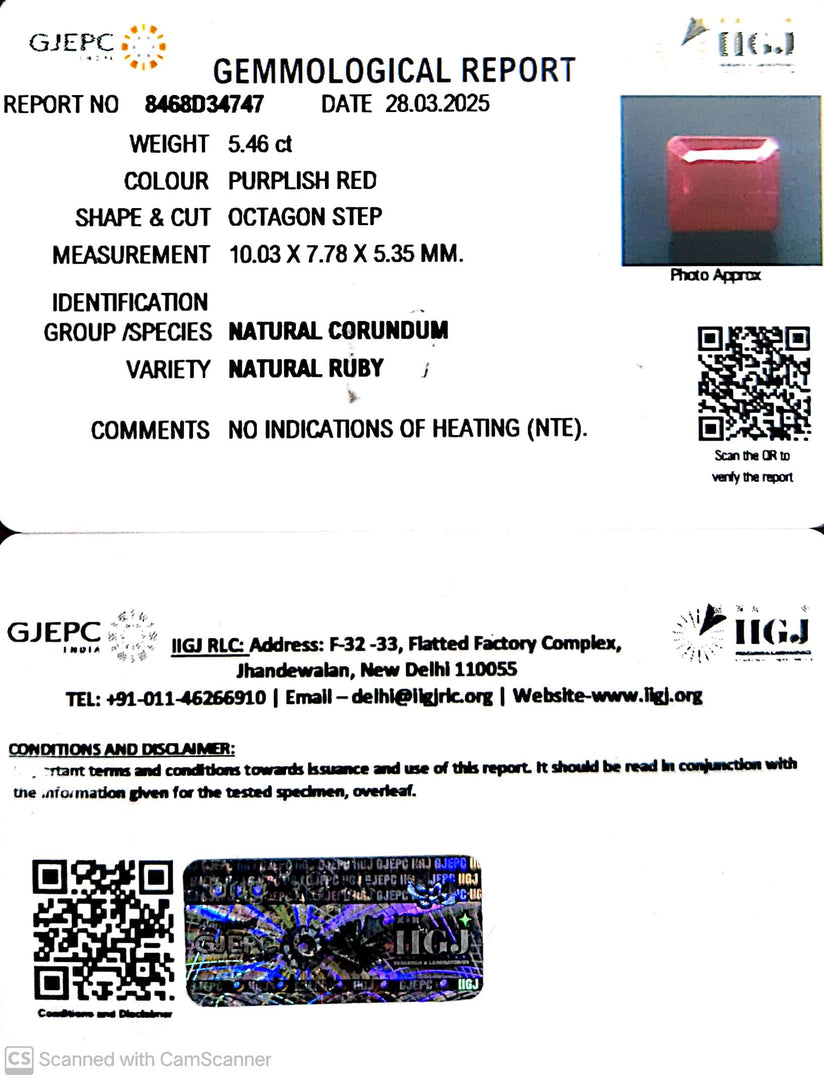 5.46/CT Natural Ruby with Govt. Lab Certificate