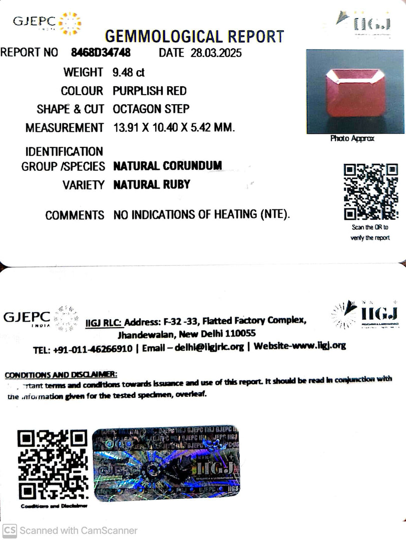 9.48/CT Natural Ruby with Govt. Lab Certificate