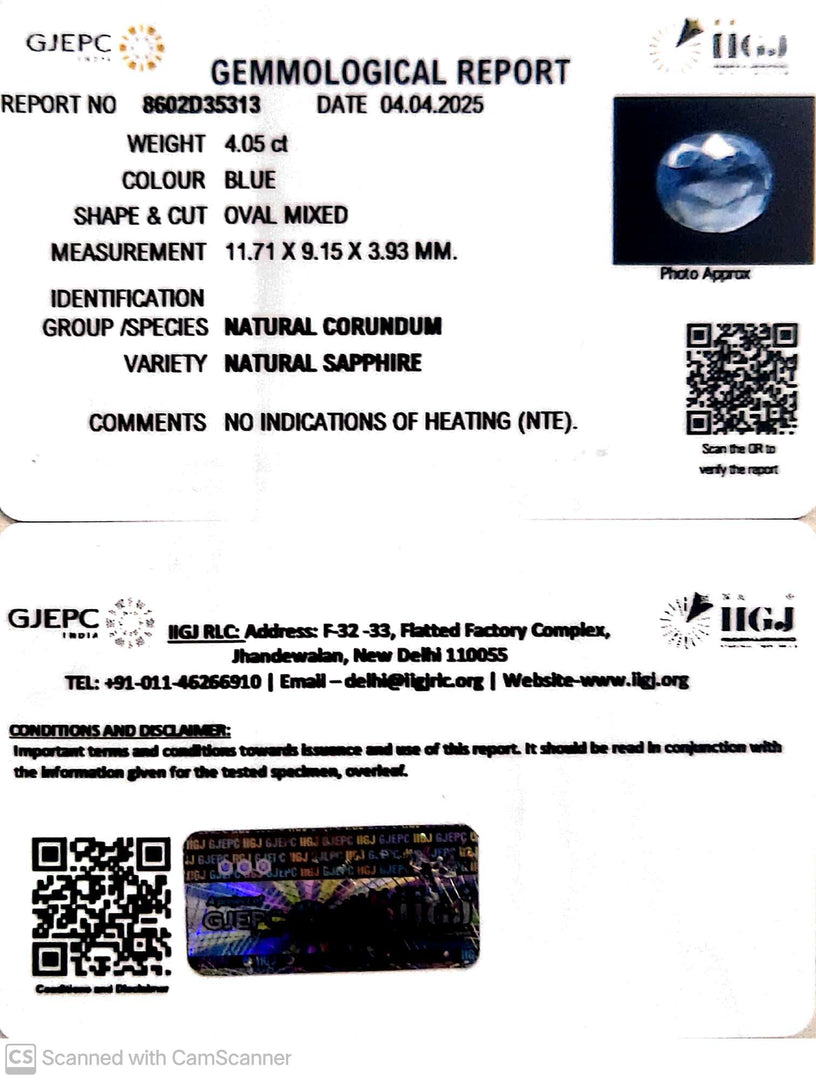 4.05/CT Natural Blue Sapphire With Govt Lab Certificate