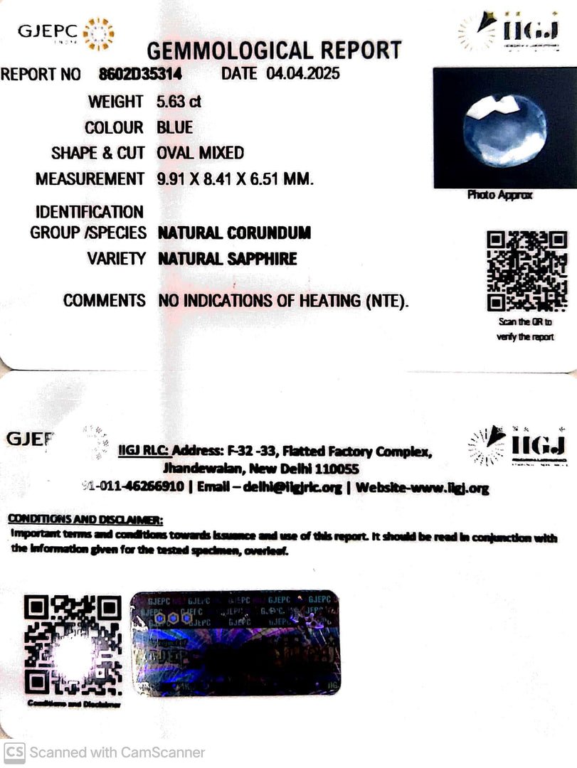 5.63/CT Natural Blue Sapphire With Govt Lab Certificate