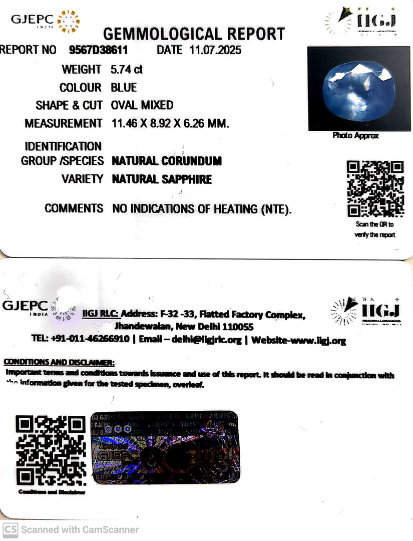 5.74/CT Natural Blue Sapphire with Govt Lab Certificate ( 23310 )