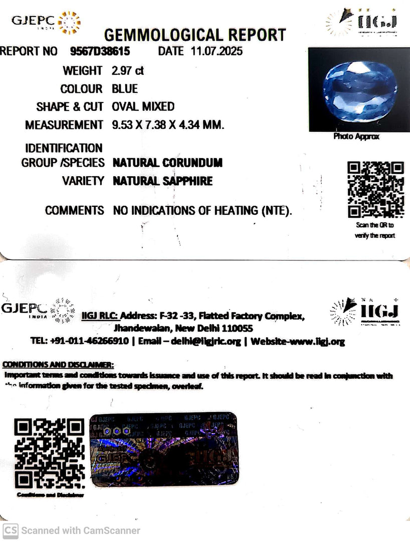 2.97/CT Natural Blue Sapphire with Govt Lab Certificate ( 34410)