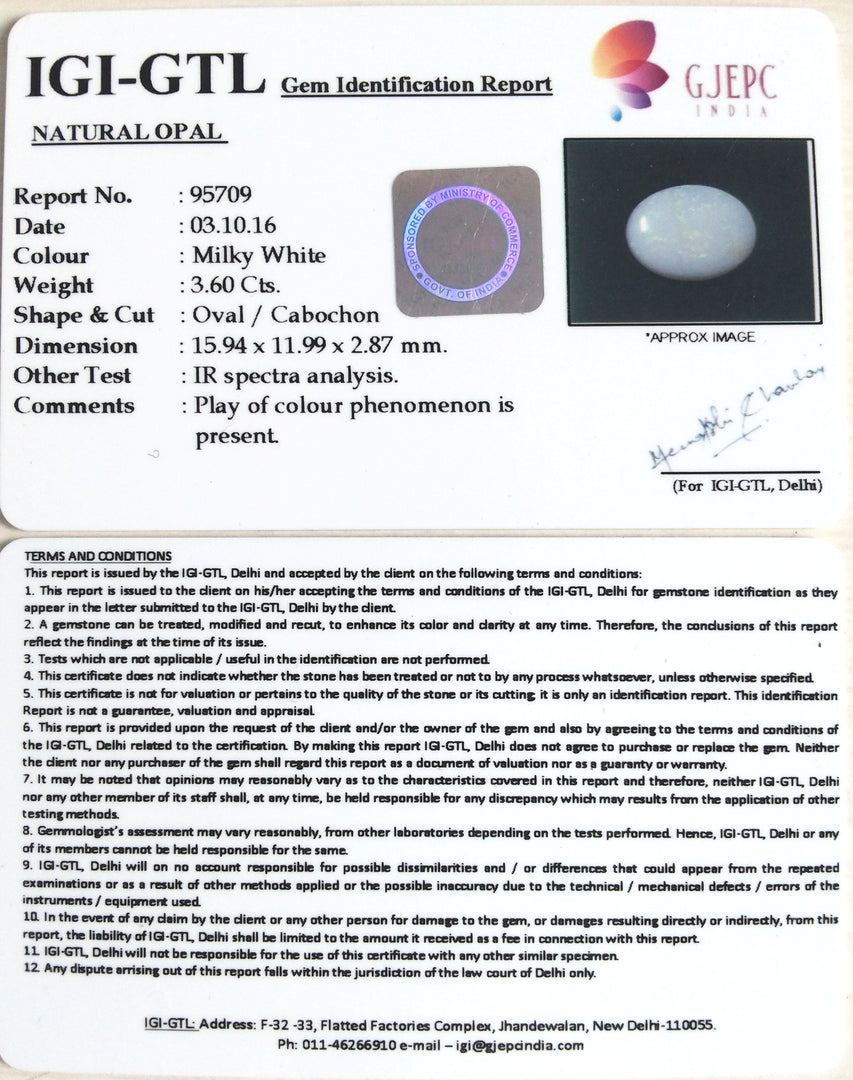 3.60/CT Natural Opal with Govt. Lab Certificate (4551)