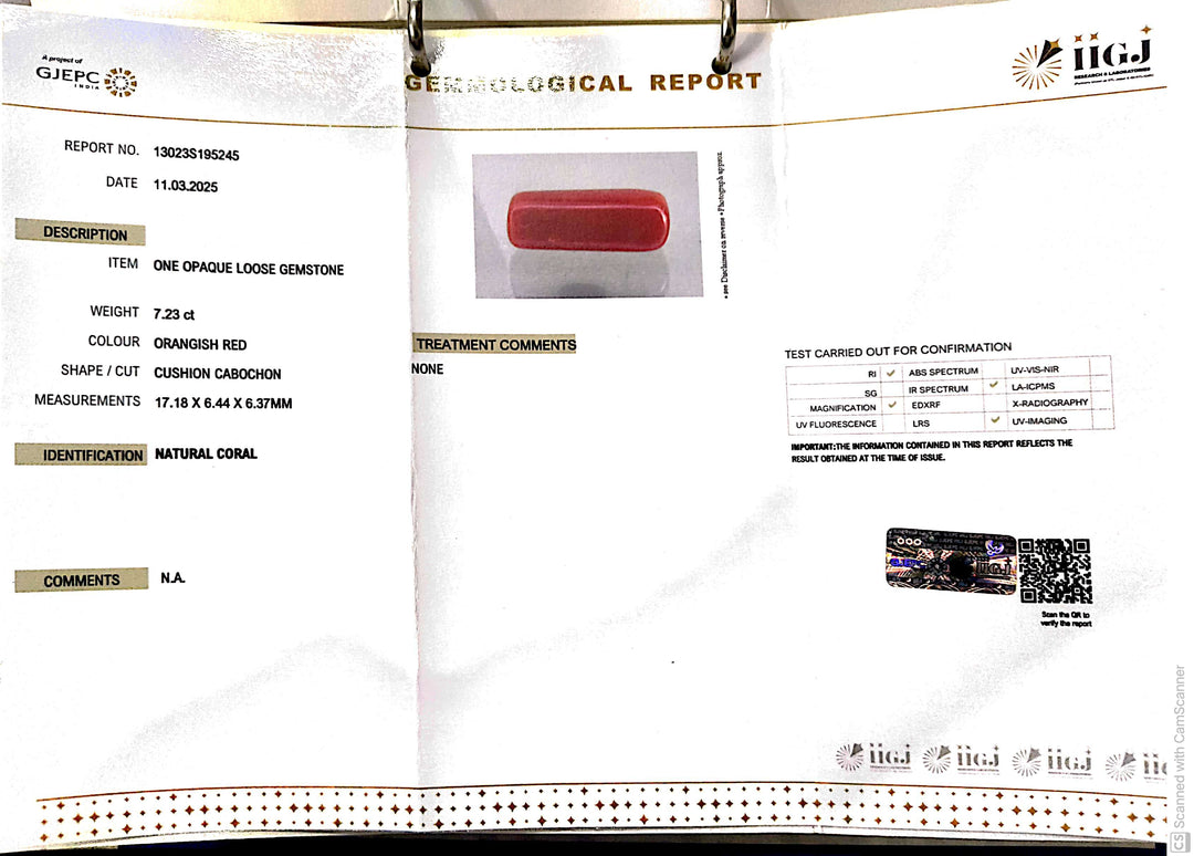 7.23/CT Natural Red Coral With Govt. Lab Certificate