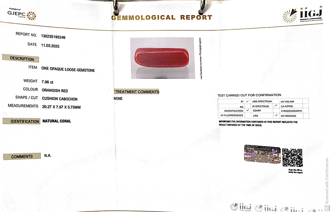 7.96/CT Natural Red Coral With Govt. Lab Certificate