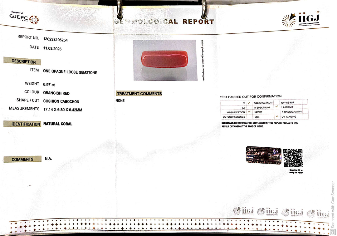 6.97/CT Natural Red Coral With Govt. Lab Certificate