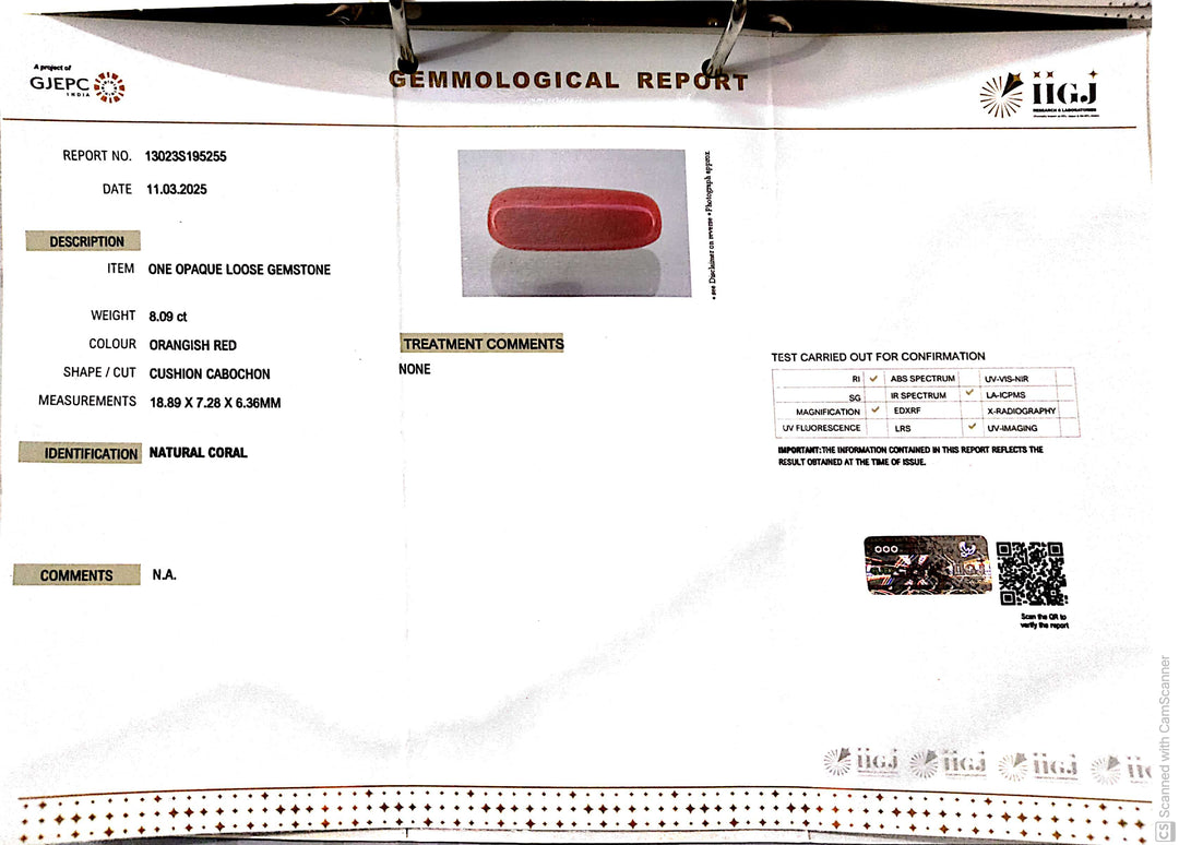 8.09/CT Natural Red Coral With Govt. Lab Certificate