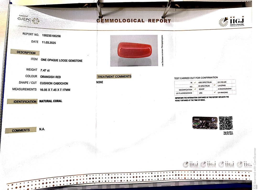 7.47/CT Natural Red Coral With Govt. Lab Certificate