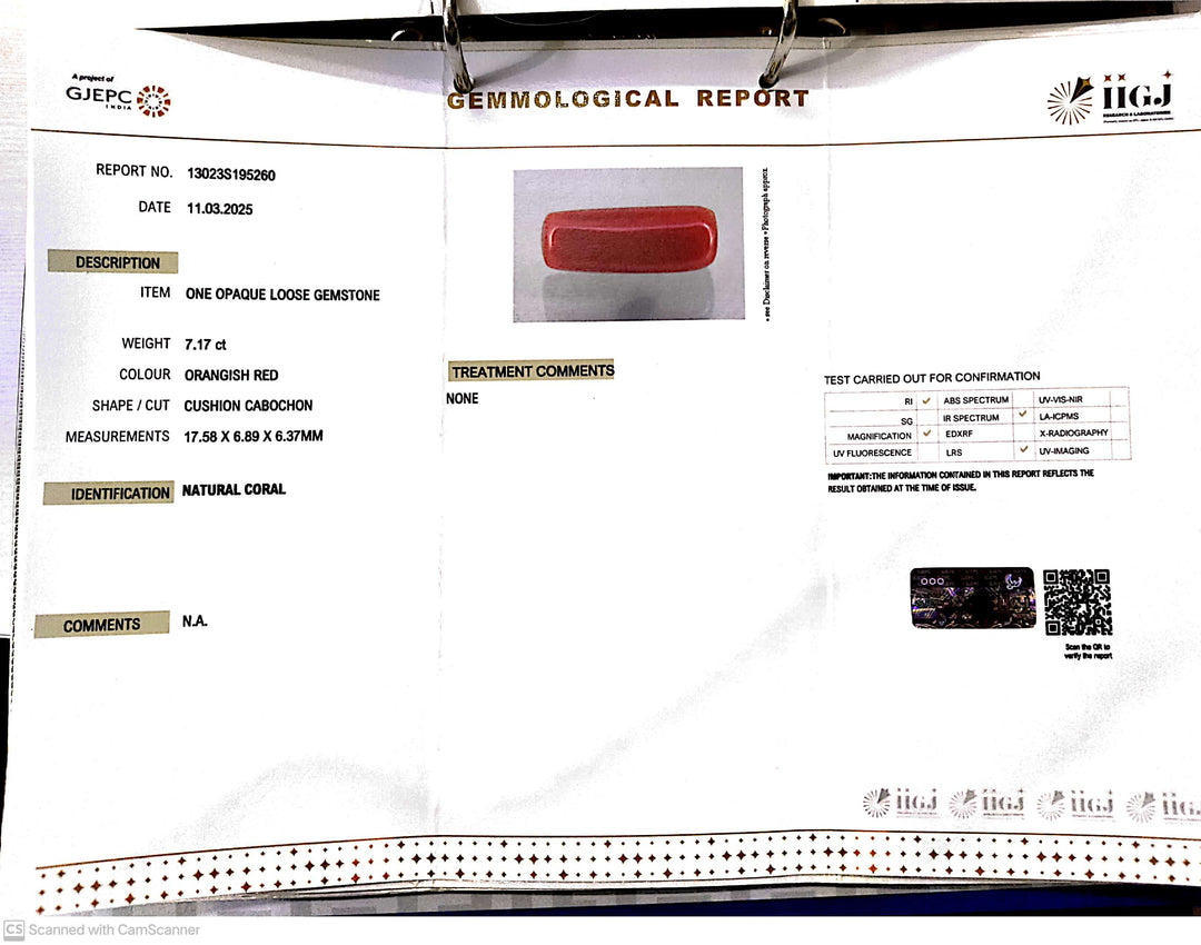 7.17/CT Natural Red Coral With Govt. Lab Certificate