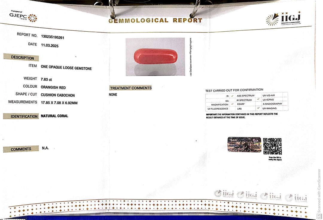 7.83/CT Natural Red Coral With Govt. Lab Certificate