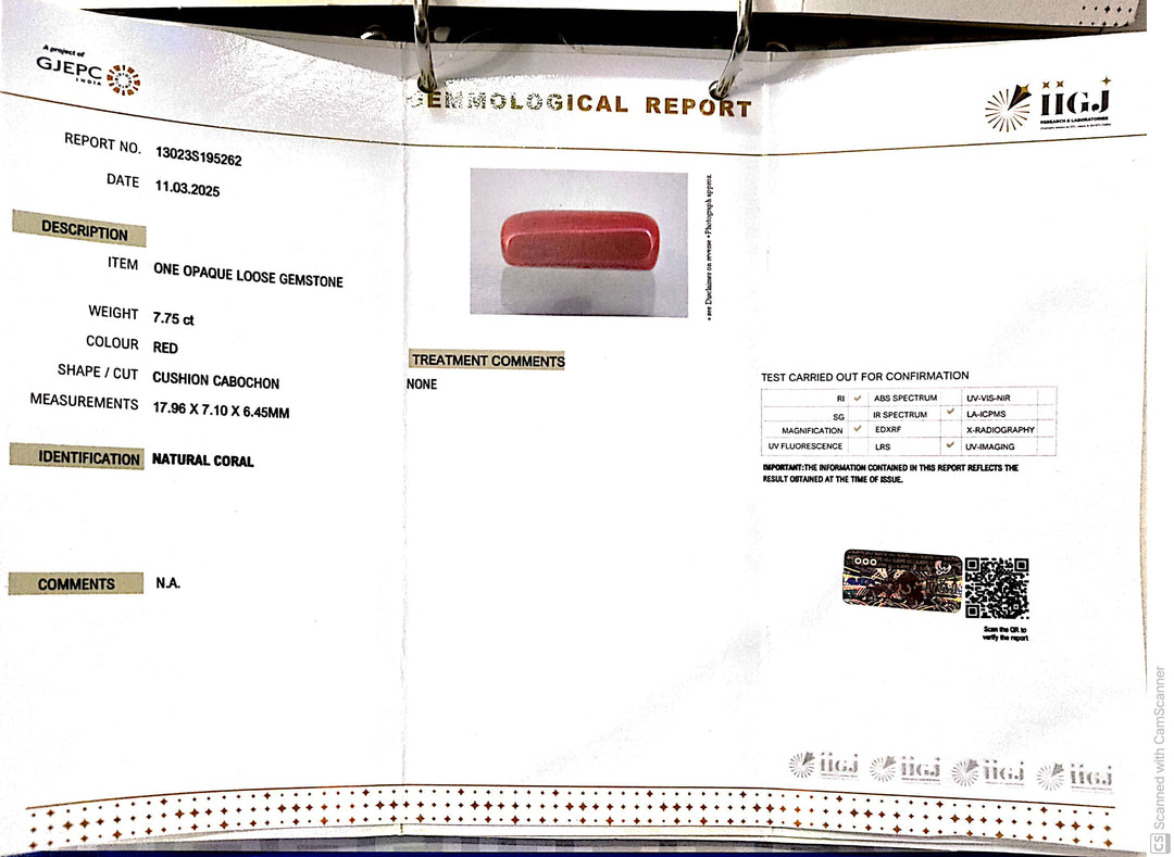 7.75/CT Natural Red Coral With Govt. Lab Certificate