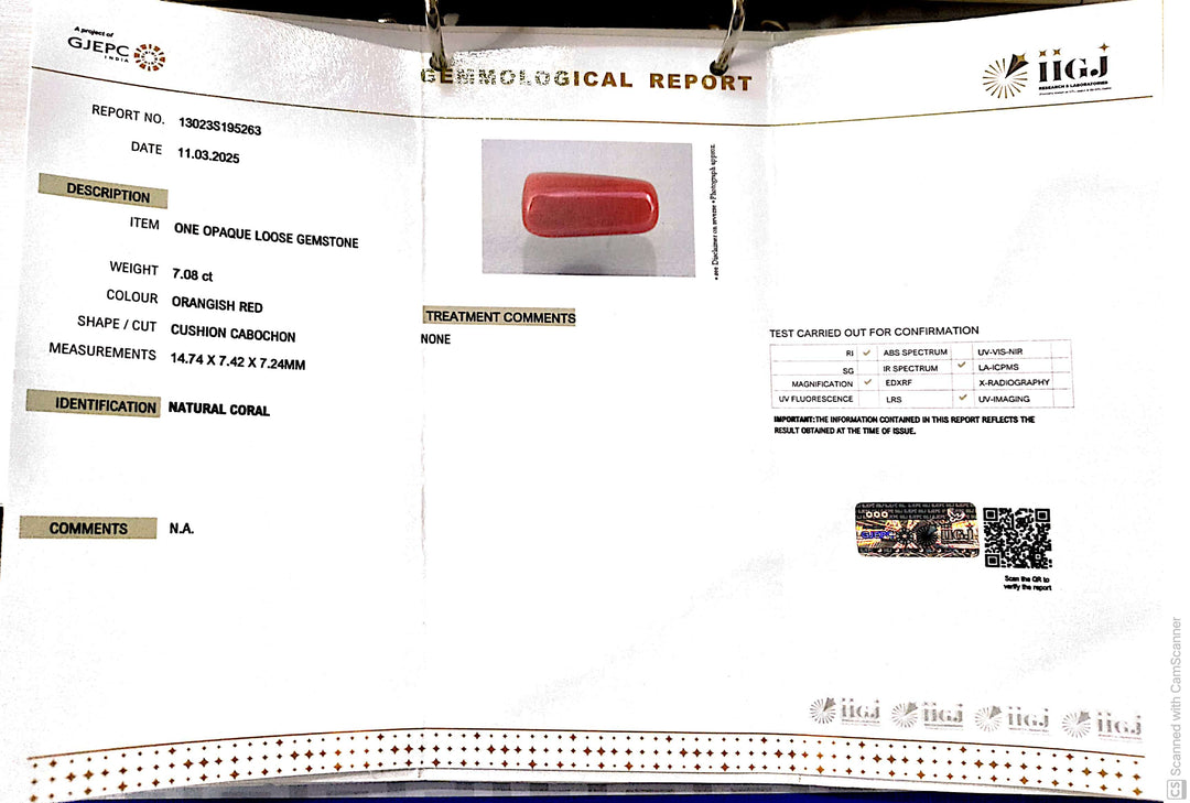 7.08/CT Natural Red Coral With Govt. Lab Certificate