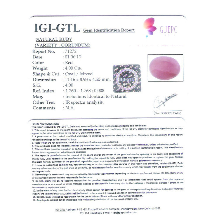 4.44 Ratti Natural New Burma Ruby with Govt. Lab Certificate-(5661)