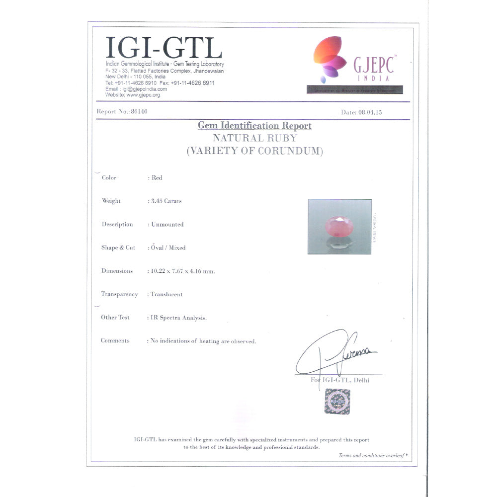3.83 Ratti Natural New Burma Ruby with Govt. Lab Certificate-(7100)