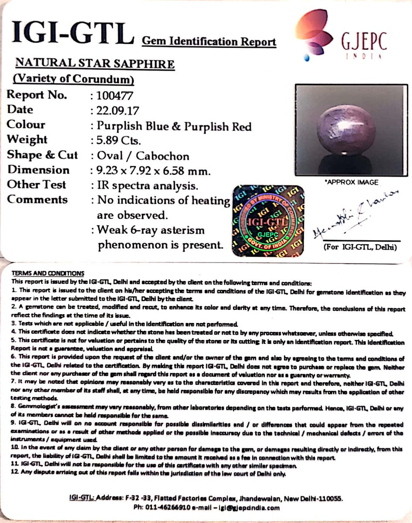 6.53 Ratti Star Sapphire with Govt. Lab Certificate-(5661)