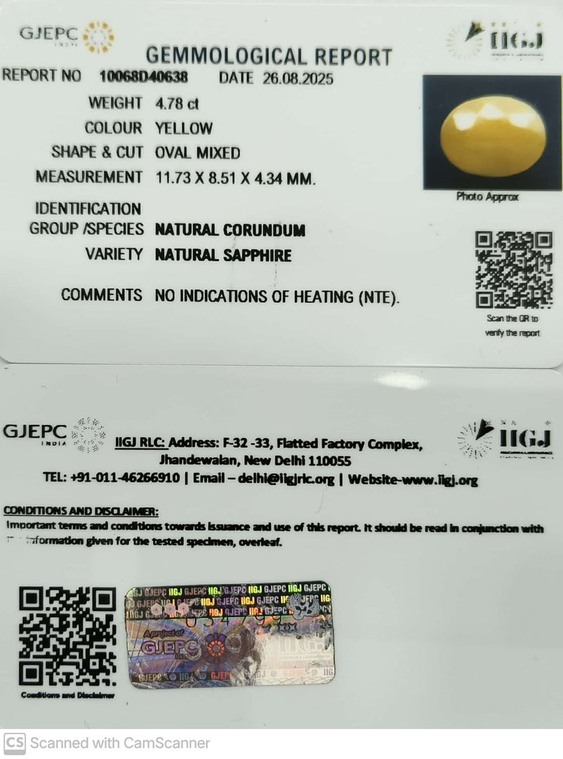 4.78/CT Natural Yellow Sapphire With Govt Lab Certificate (1221)