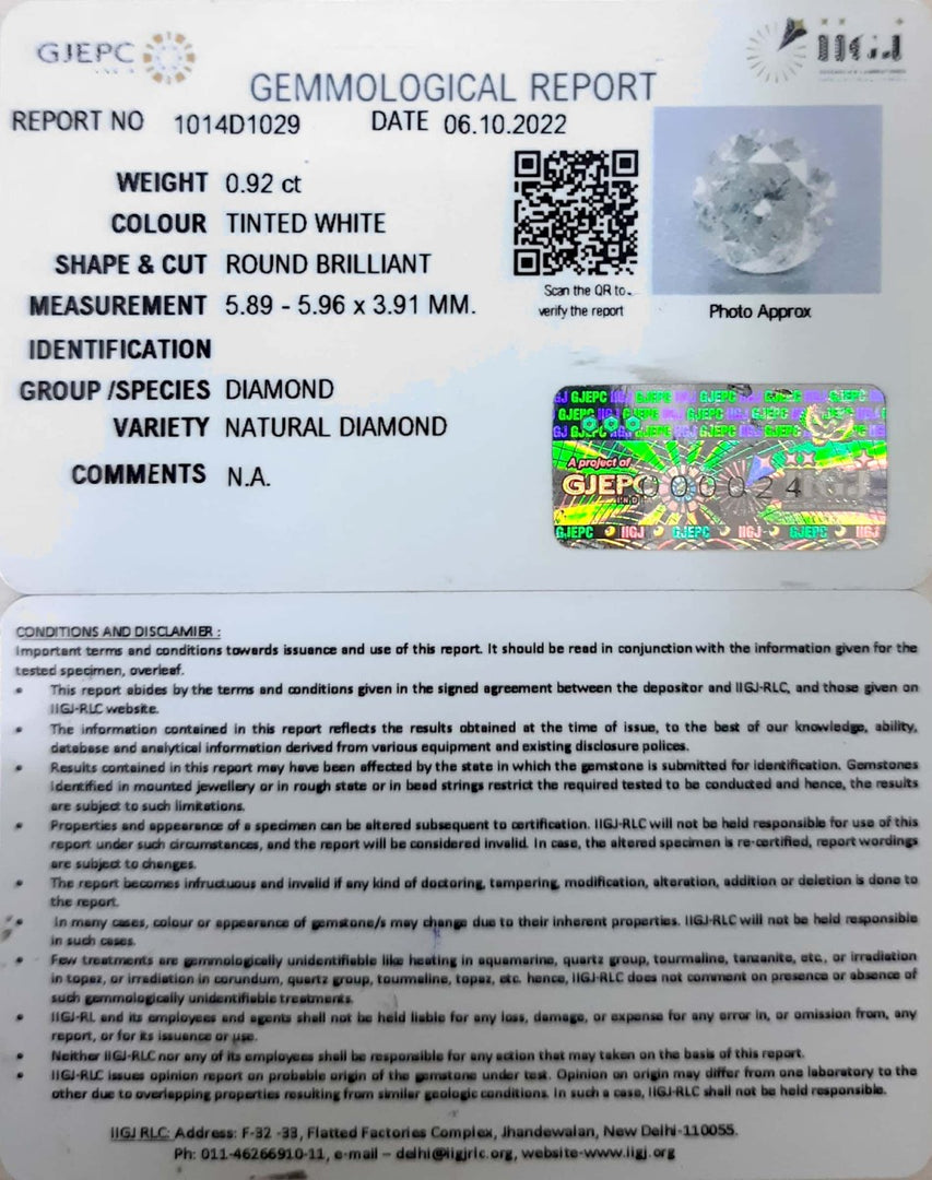 0.92/Cents Natural Diamond With Govt. Lab Certificate (120000)